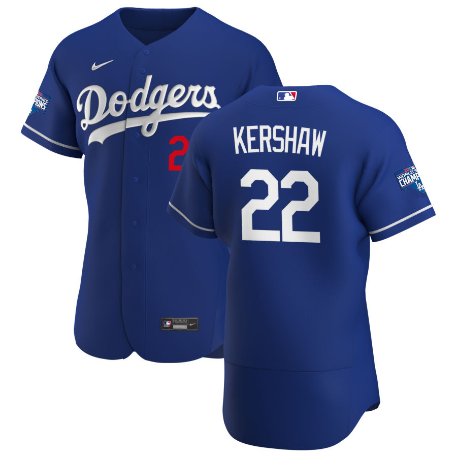 Los Angeles Dodgers #22 Clayton Kershaw Men Nike Royal Alternate 2020 World Series Champions Authentic Player MLB Jersey